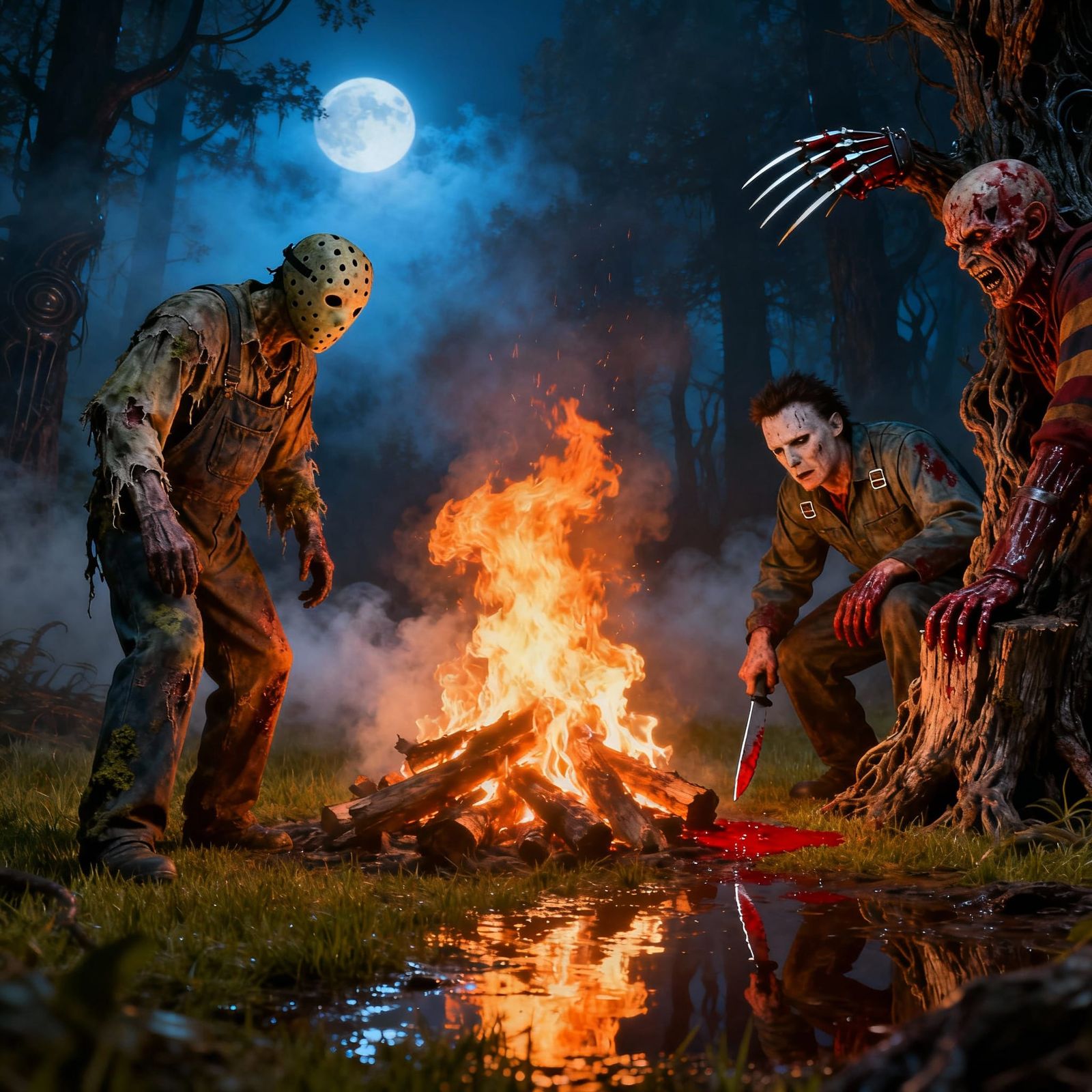 Horror Icons Around Campfire in Cinematic Style