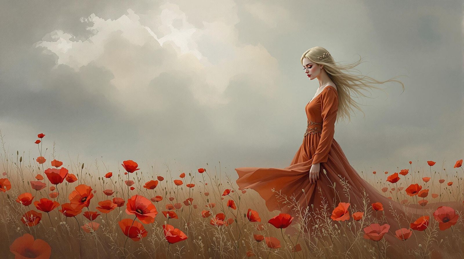 Romantic Impressionist Painting of Woman in Rust-Colored Gow...