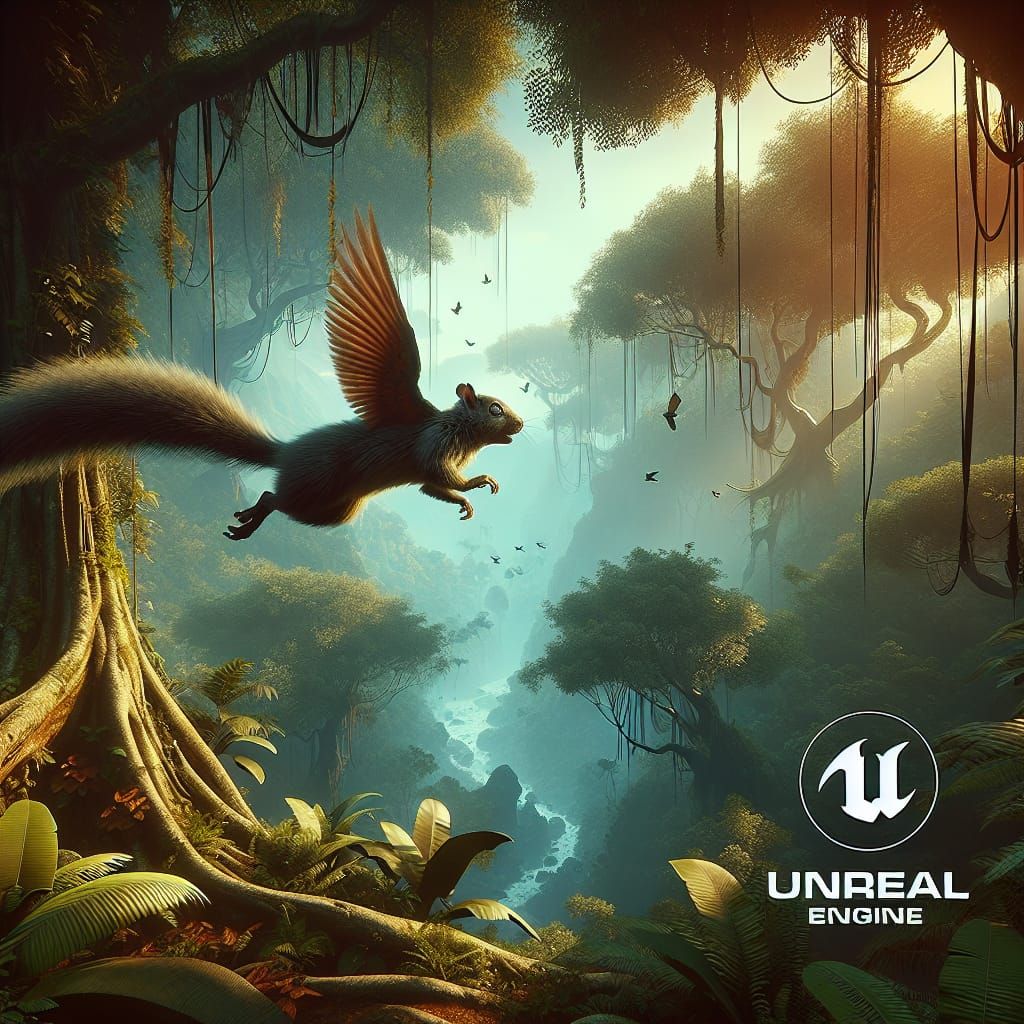 Flying Squirrel Soaring Above Jungle Canopy in Matte Paintin...