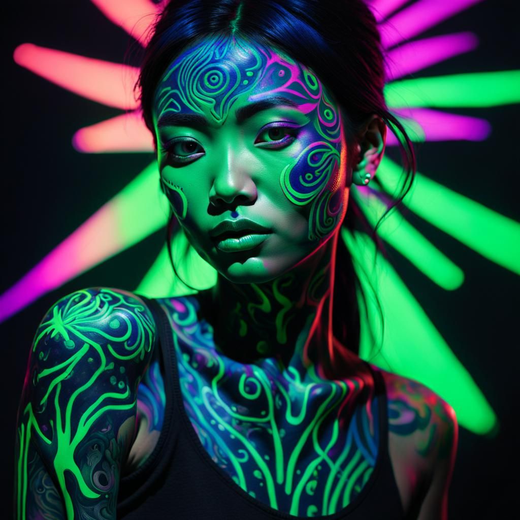 Neon Tattoo Portrait in Black Light