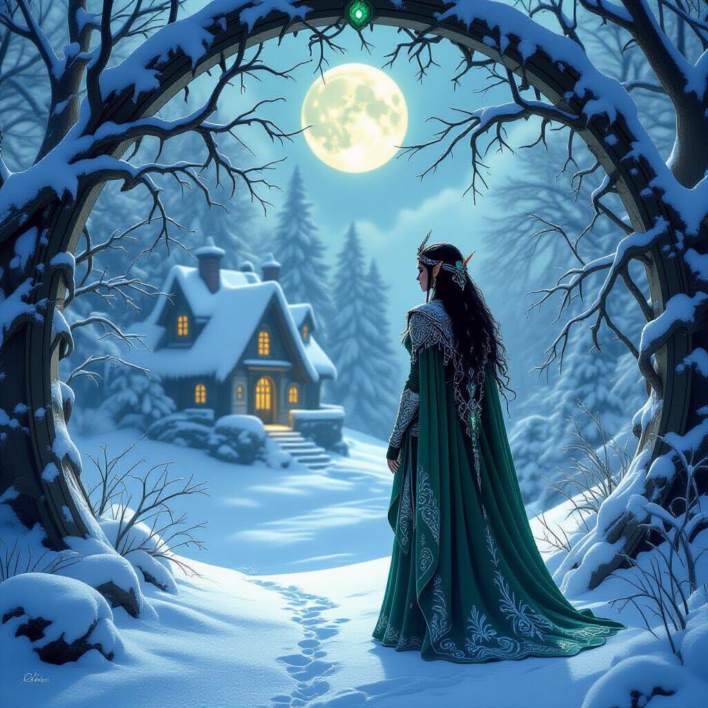 Majestic Elf in Moonlit Winter Forest