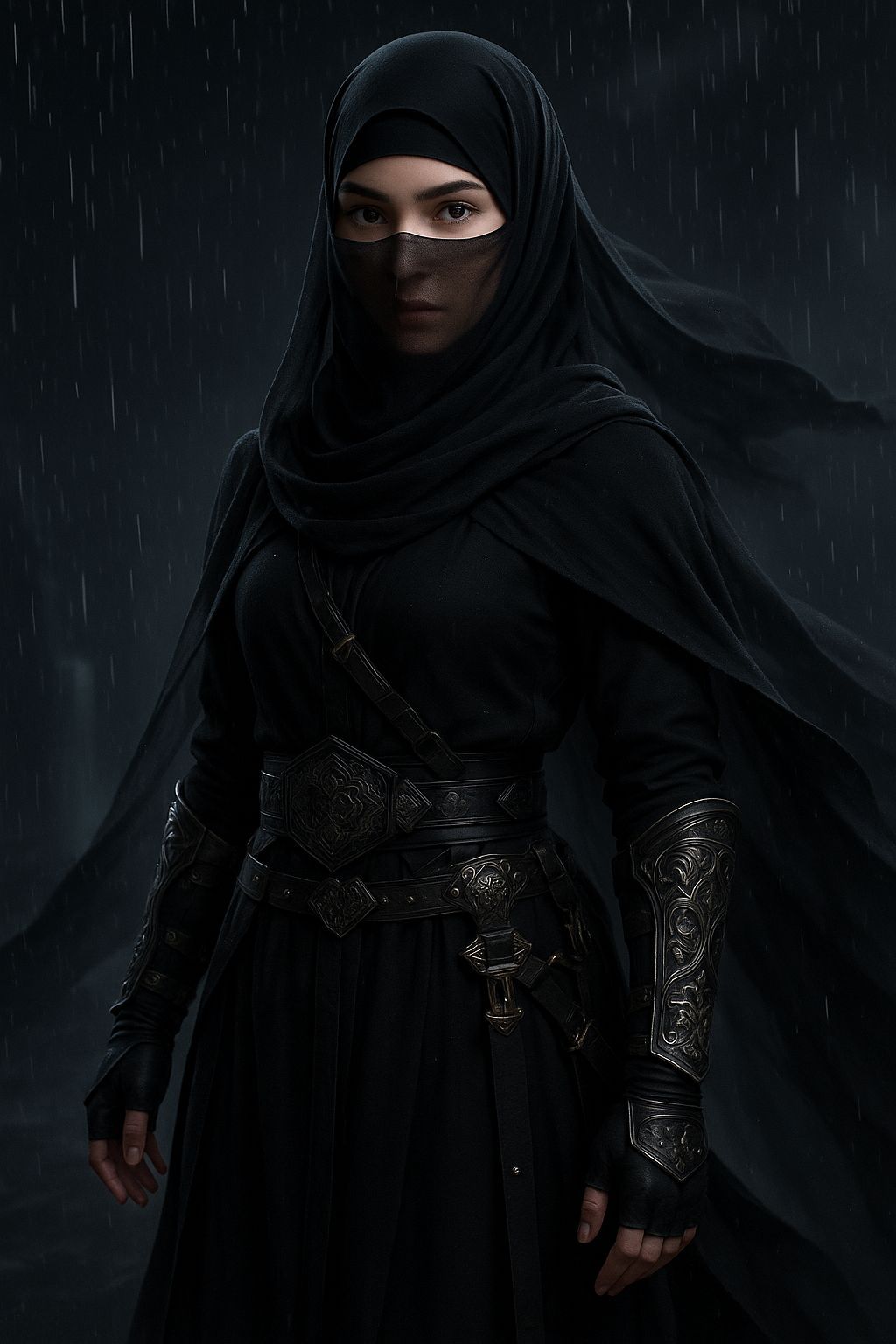 Elegant Warrior in the Rain: Cinematic Portrait