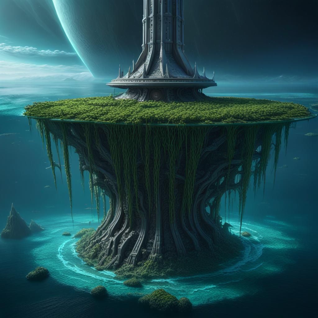 Alien Spire Base in Ocean: Dark Fantasy Art
