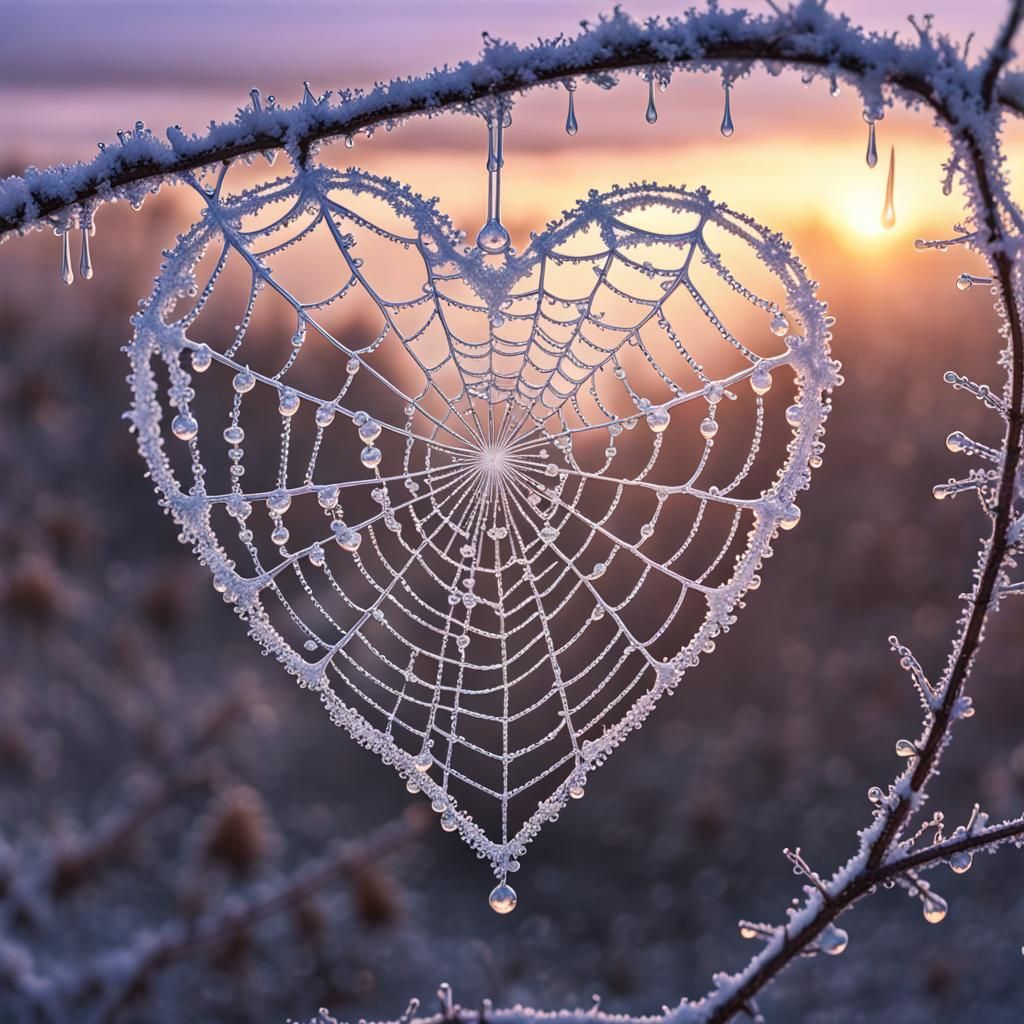 Heart-Shaped Spiderweb with Crystalline Dew Drops