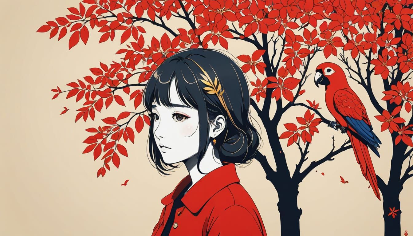 Minimalist Gold Line Art: Girl, Parrot, and Tree