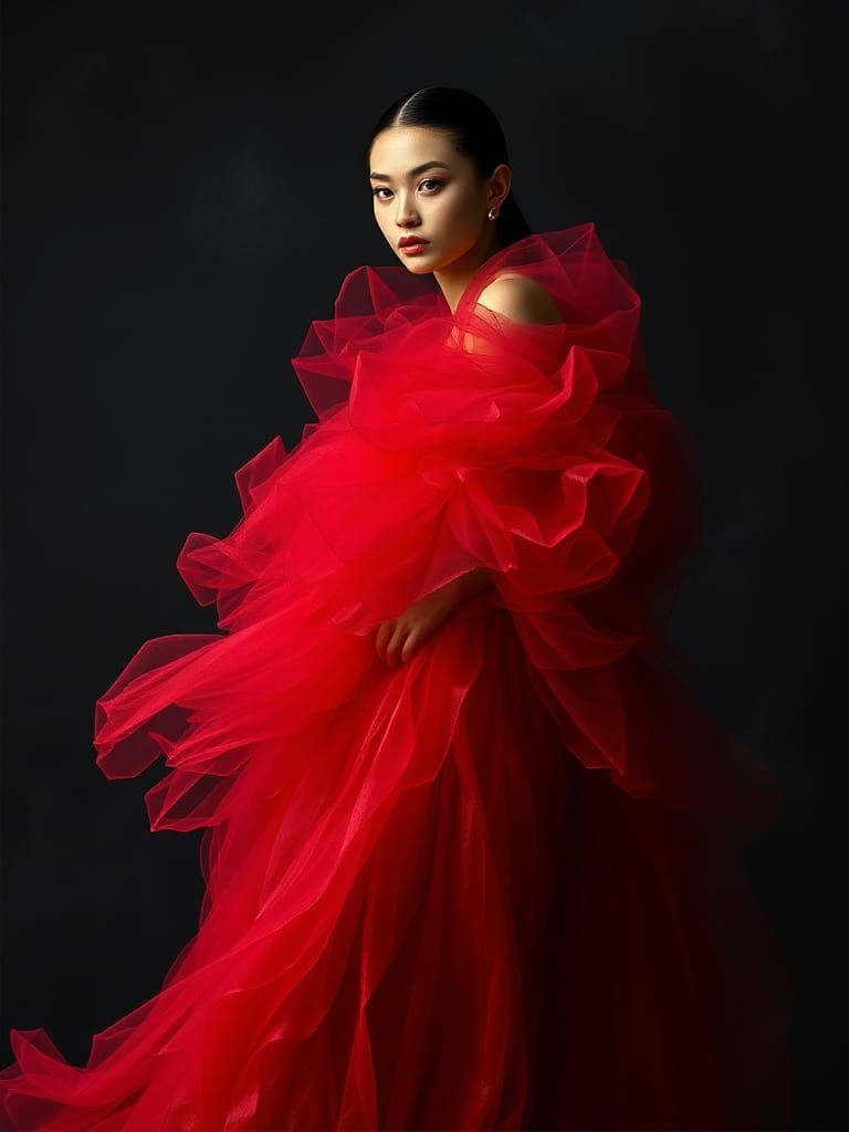 Ethereal Model in Flowing Red Gown