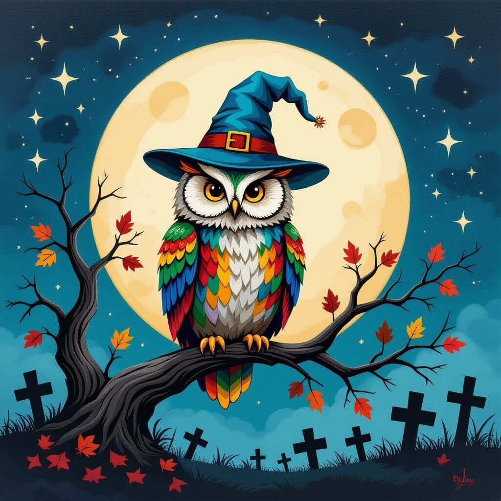 Owl in Wizard Hat Sits on Dead Tree, Halloween Theme