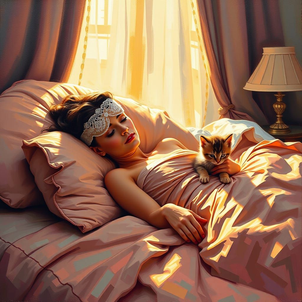 Vintage Audrey Hepburn Waking Up in a Luxurious Velvet Bed