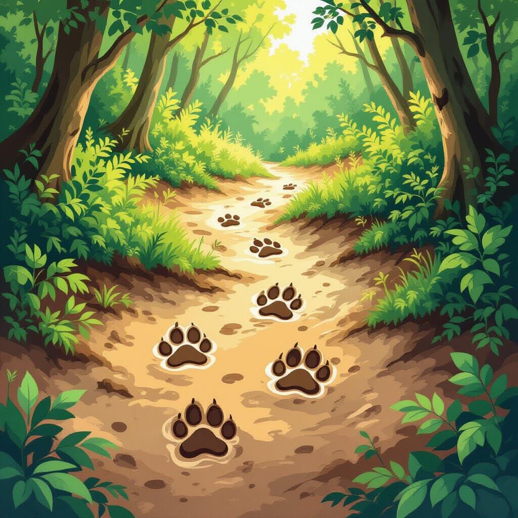 Whimsical Animal Pawprints in Lush Forest Terrain