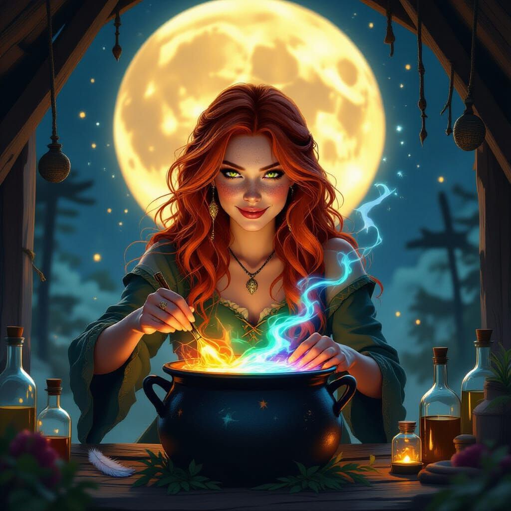 Witch Stirring Magical Cauldron Under Painterly Moonlight