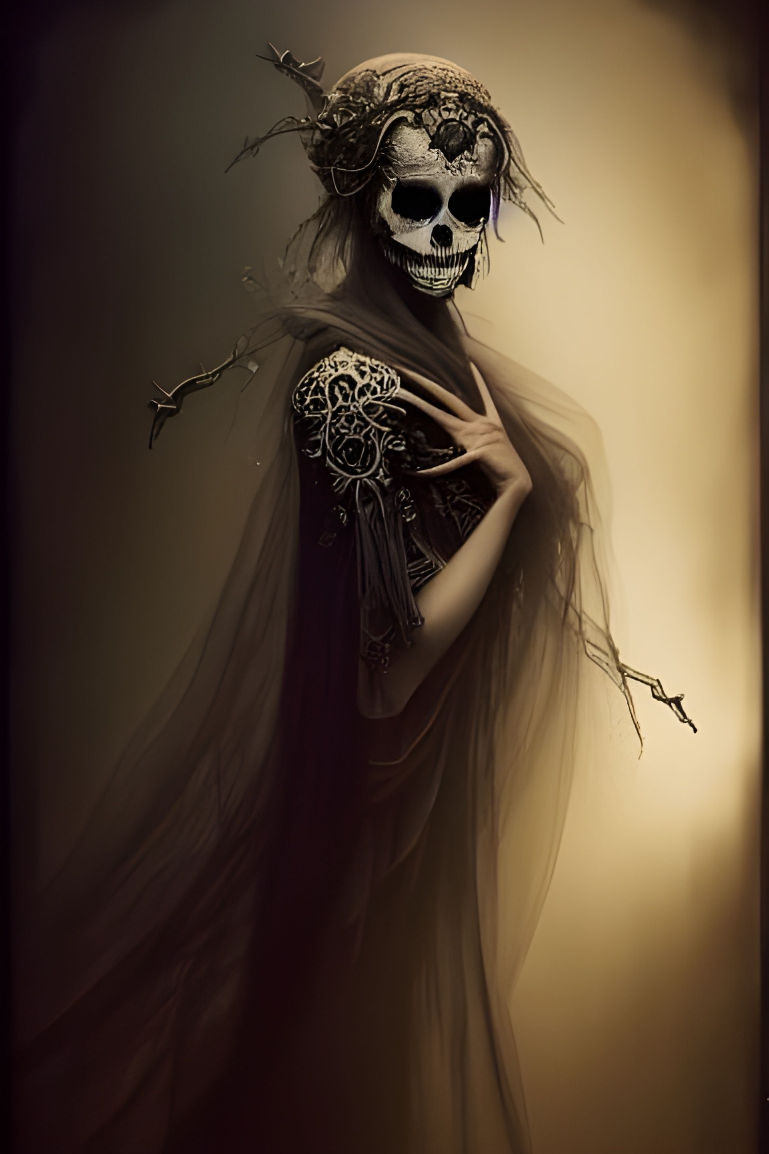 Hyperdetailed Skeletal Woman Reaper in Ornate Robes