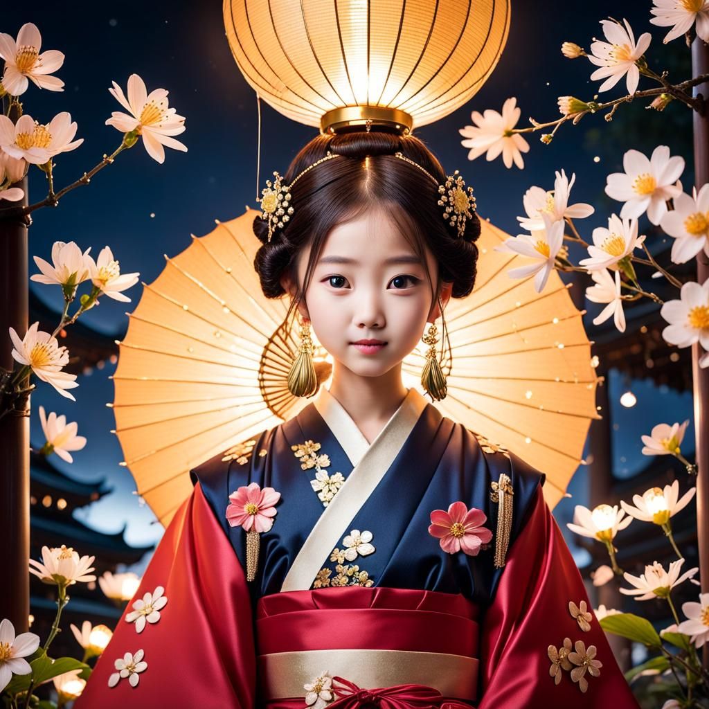 Young Woman in Royal Japanese Costume Lighting Lamp