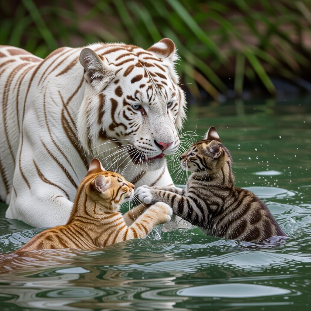 Cats Play with White Tiger in Water