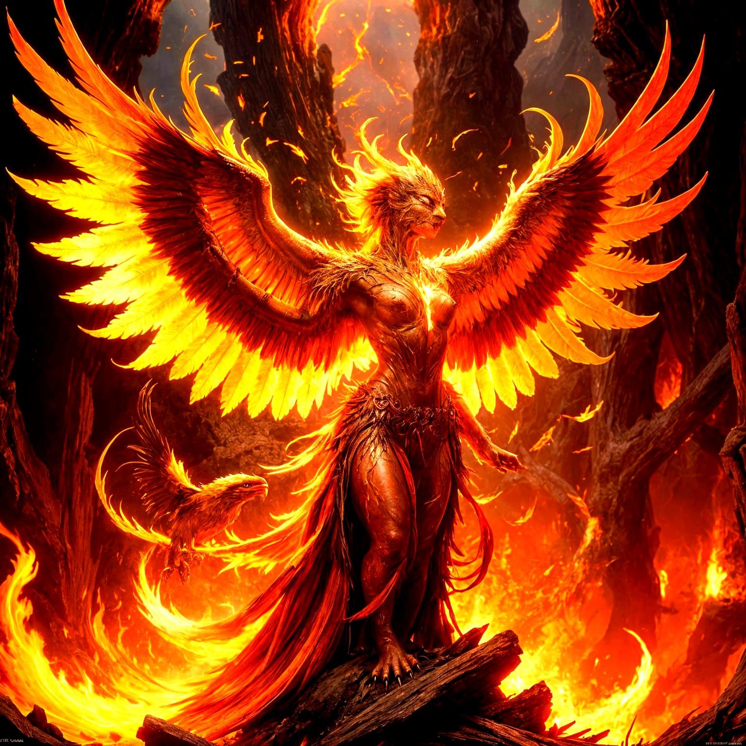 Majestic Phoenix Rising from Ashes in Dark Fantasy Art