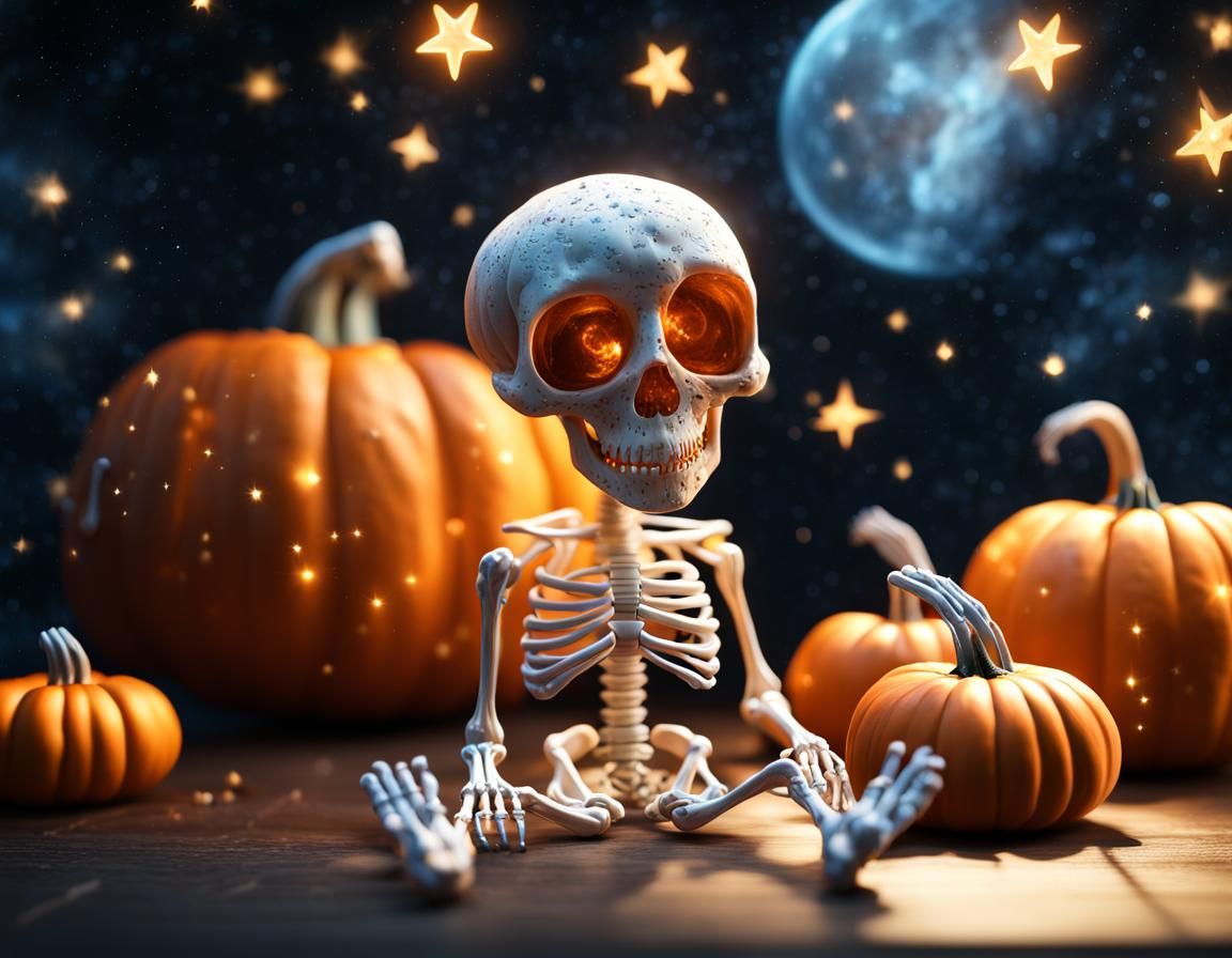 Adorable Pumpkin Head Skeleton in Cosmic Style