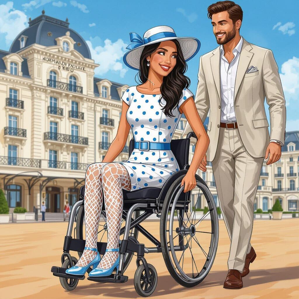 Charming Paraplegic Woman in Deauville, Hand-Drawn Style