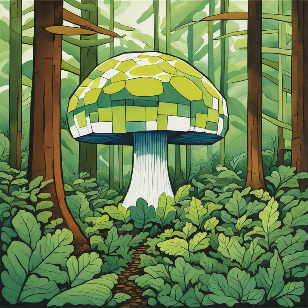 Cuboid Mushroom in Forest, Abstract Expressionism Style