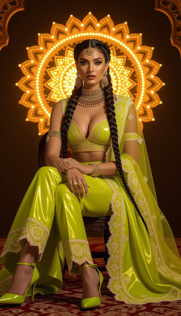 Regal Woman in Leather and Lace with Golden Mandalas