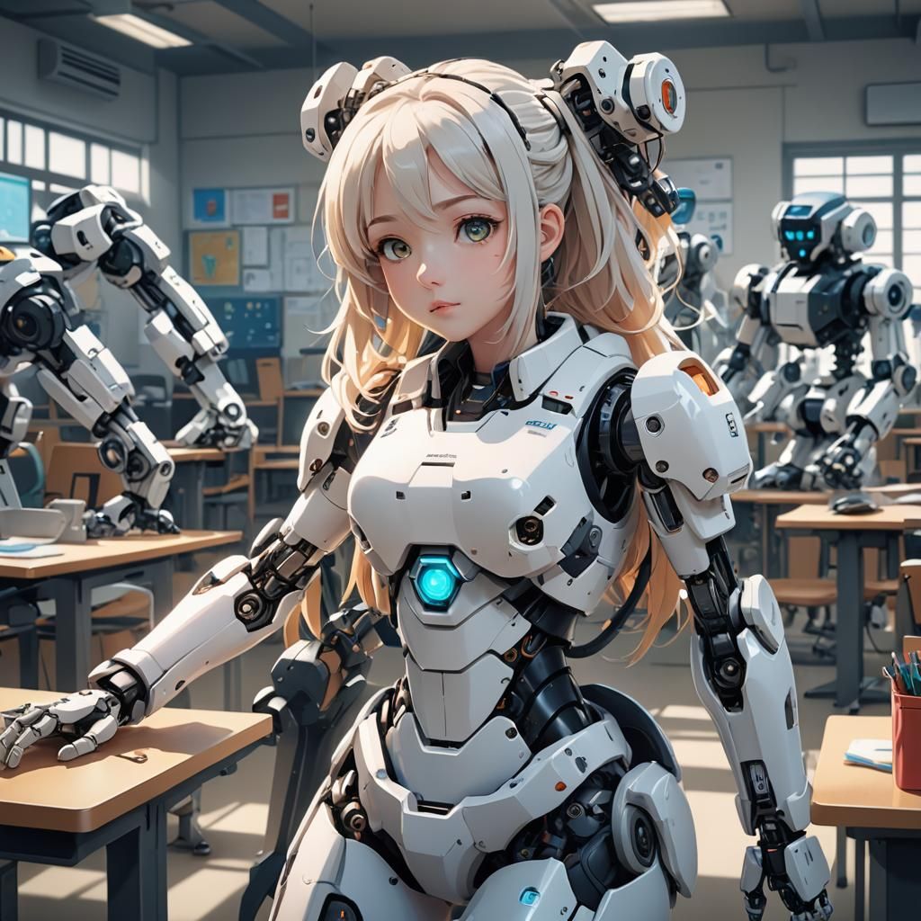 Manga-Style Schoolgirl with Robotic Arms