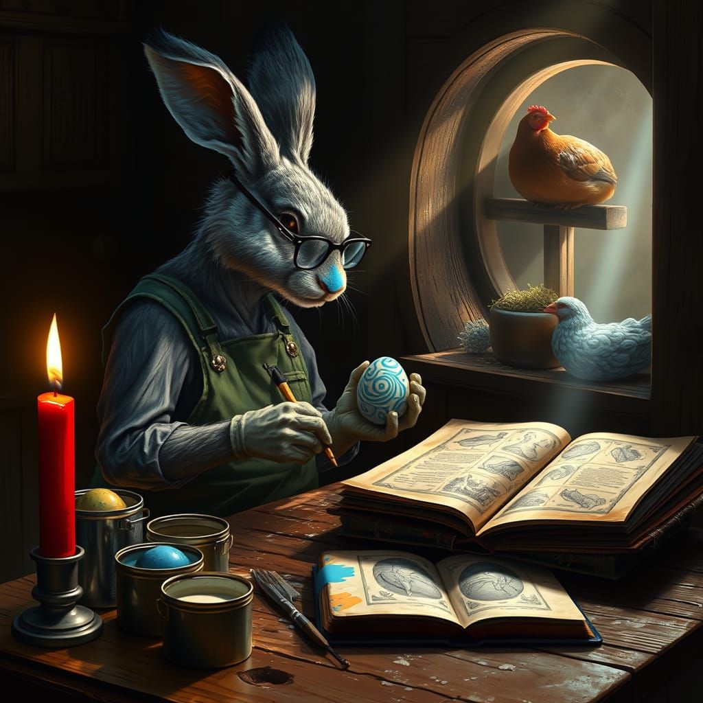 Elderly Hare Paints Vibrant Easter Egg in Cozy Study