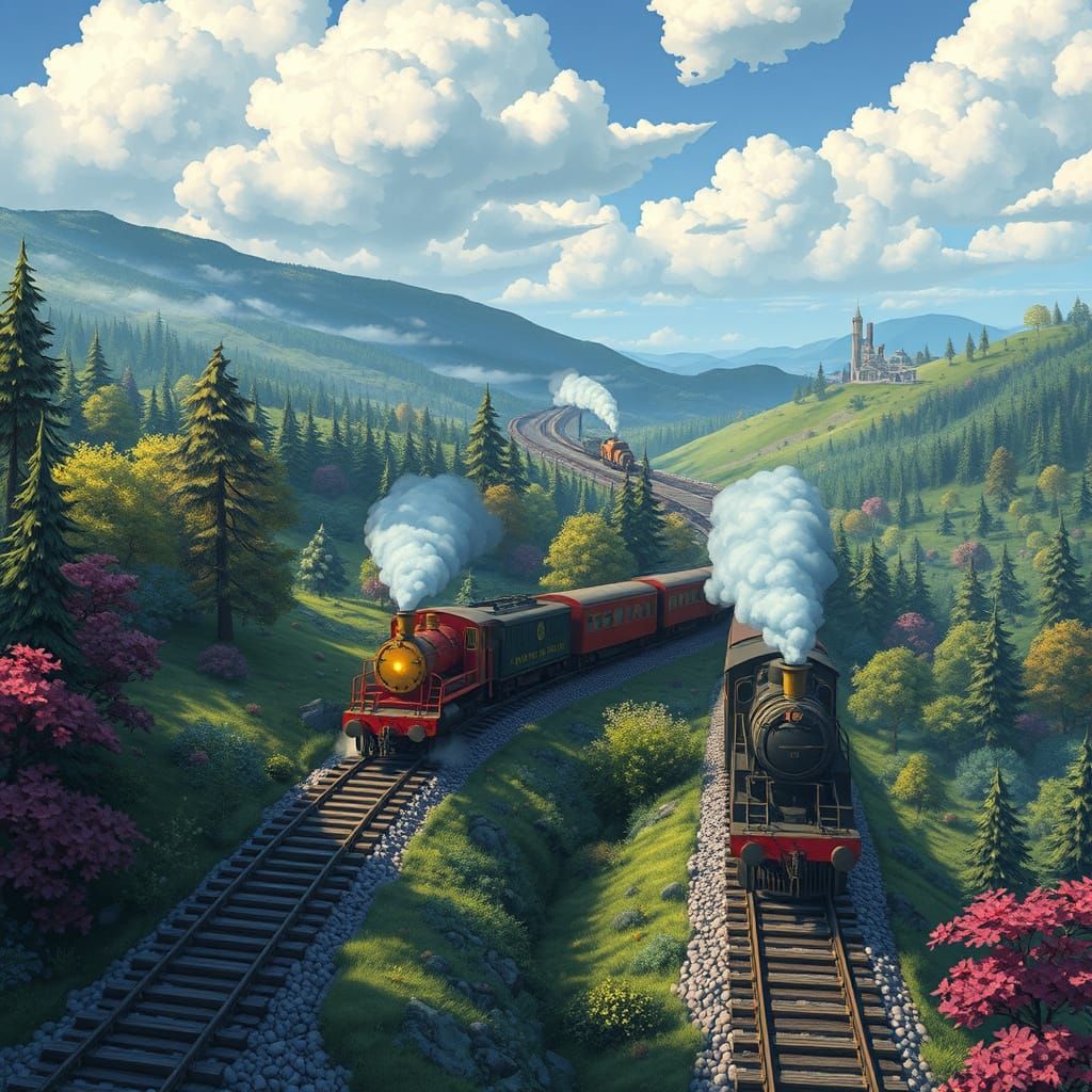 Trains in Miyazaki-Inspired Whimsical Landscapes