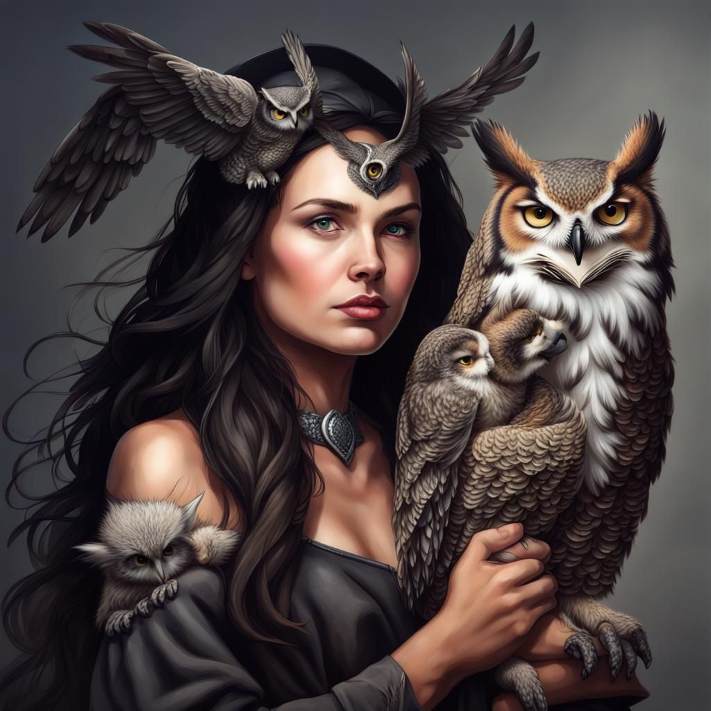 Witch with Owl, Fox and Wolf Companion