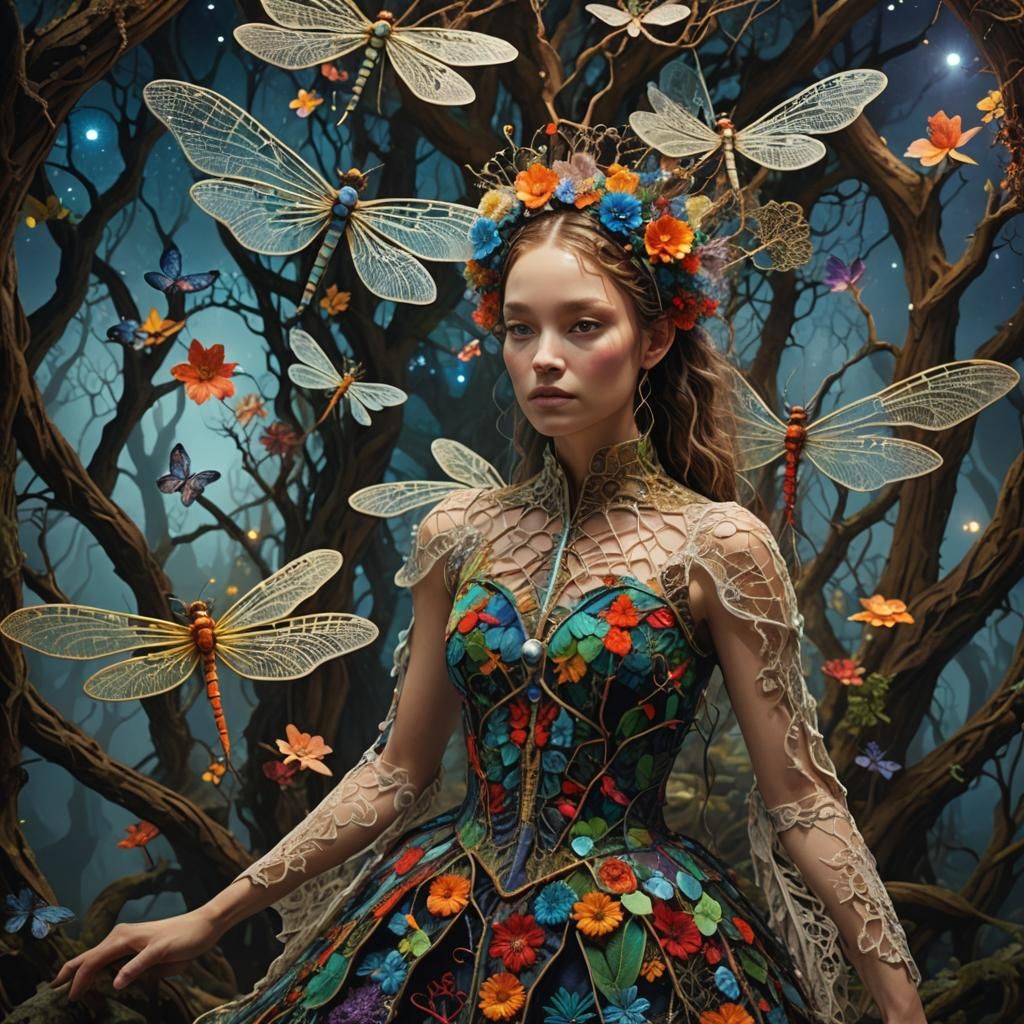 Dragonfly Woman in Mycelium Network, Watercolor Art