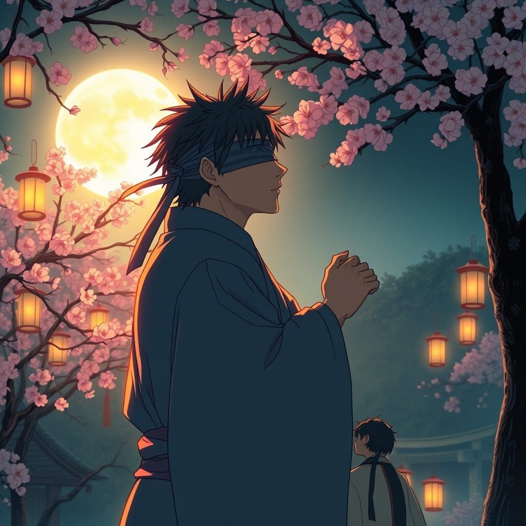 Tender Moment Between Gojo and Geto in Moonlit Japanese Gard...