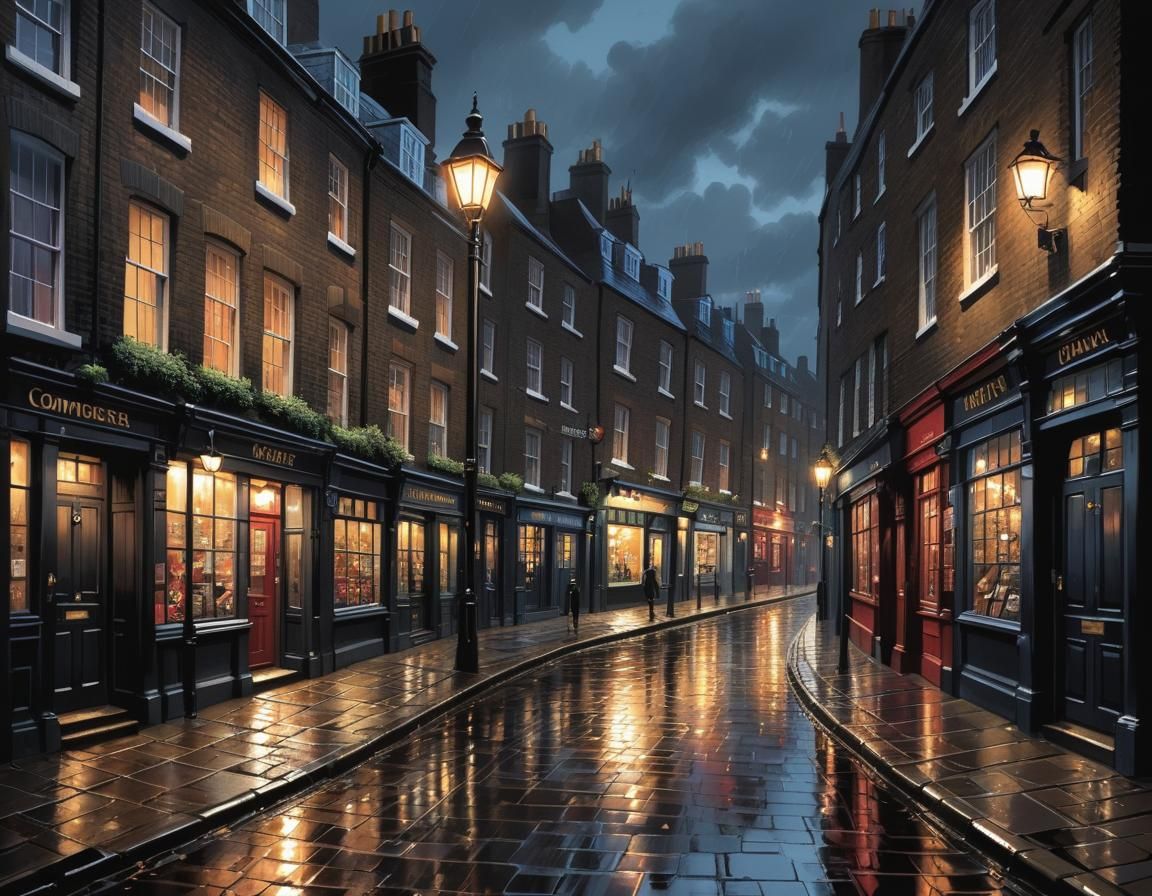 Rainy London Street Scene in Comic Book Style