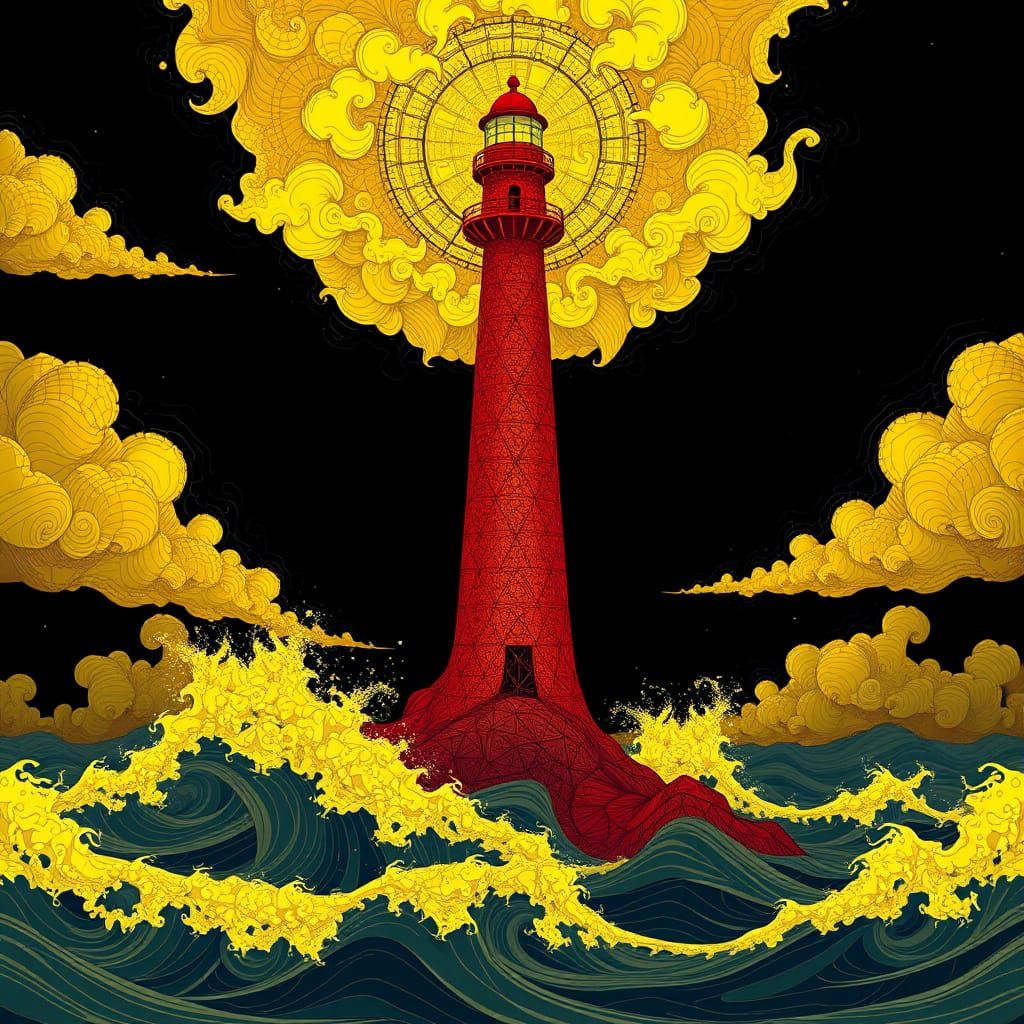 Abstract Lighthouse in Stormy Sea with Fractal Patterns