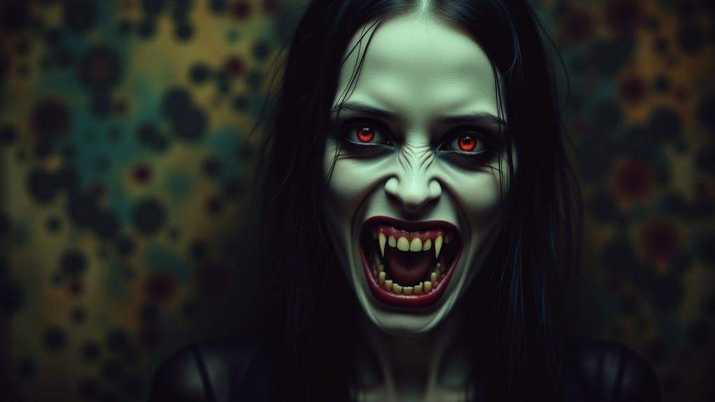 Haunting Retro Portrait of Woman with Fangs