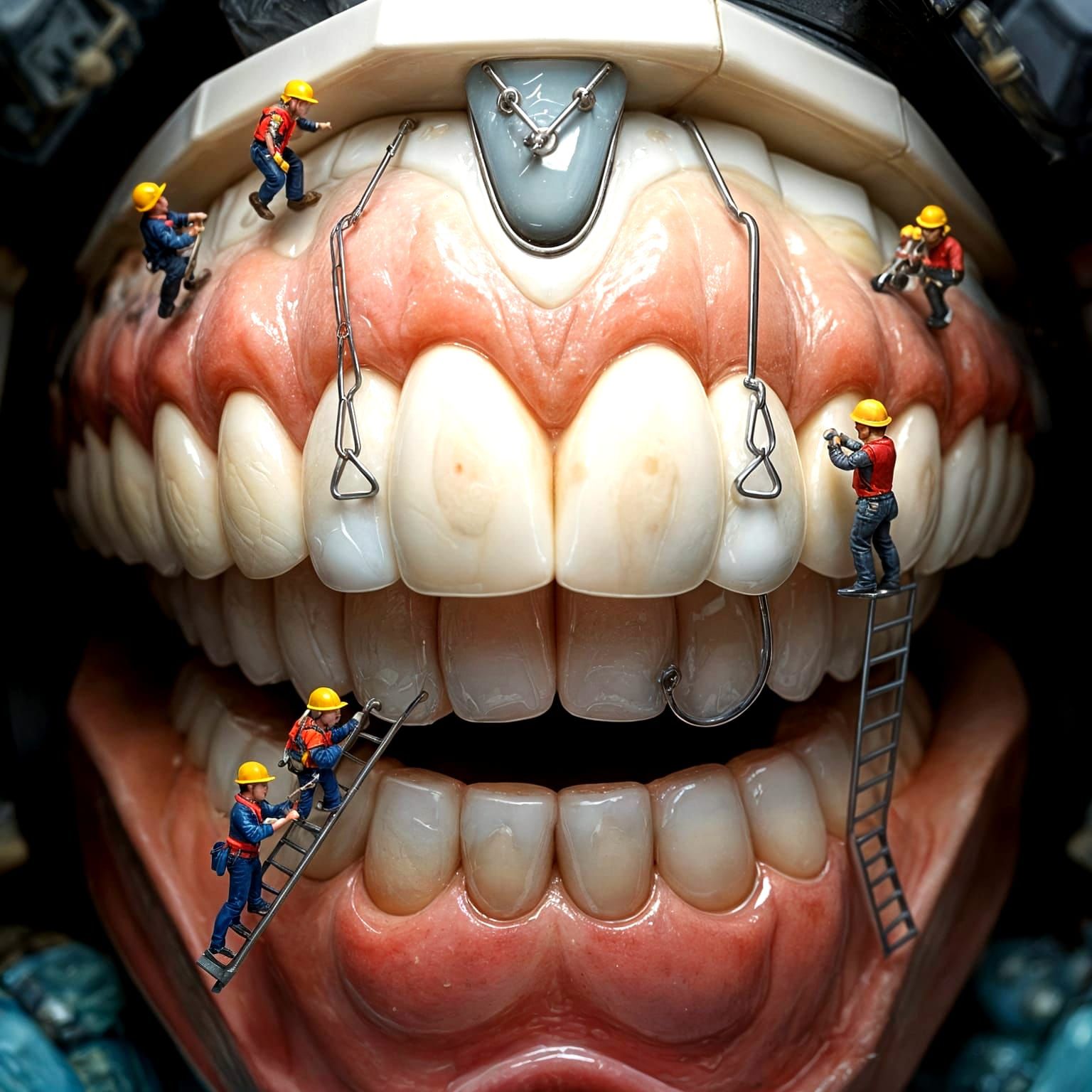 Miniature Dentists Work on False Teeth in a Whimsical Scene