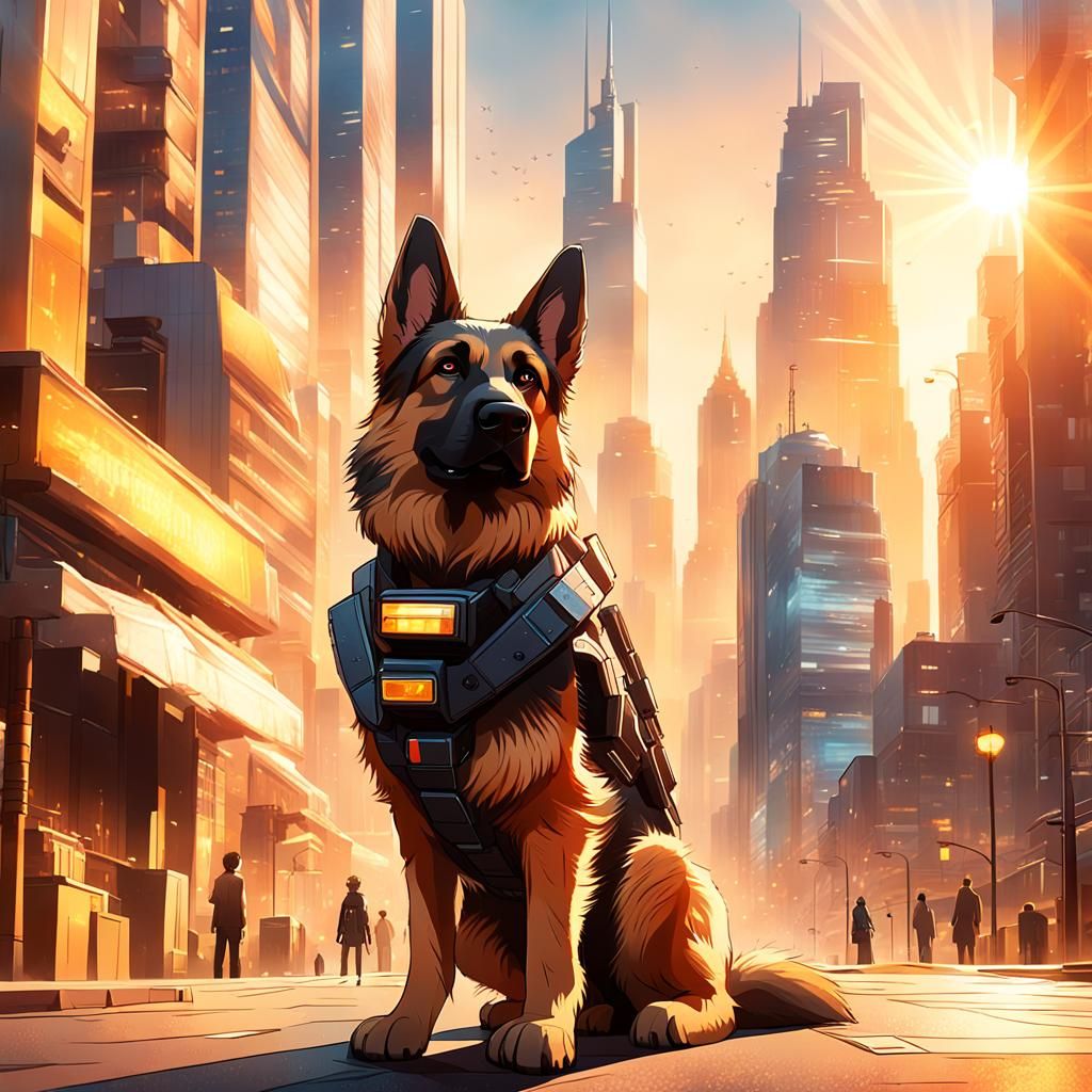 German Shepherd in Coruscant: Anime-Inspired Concept Art