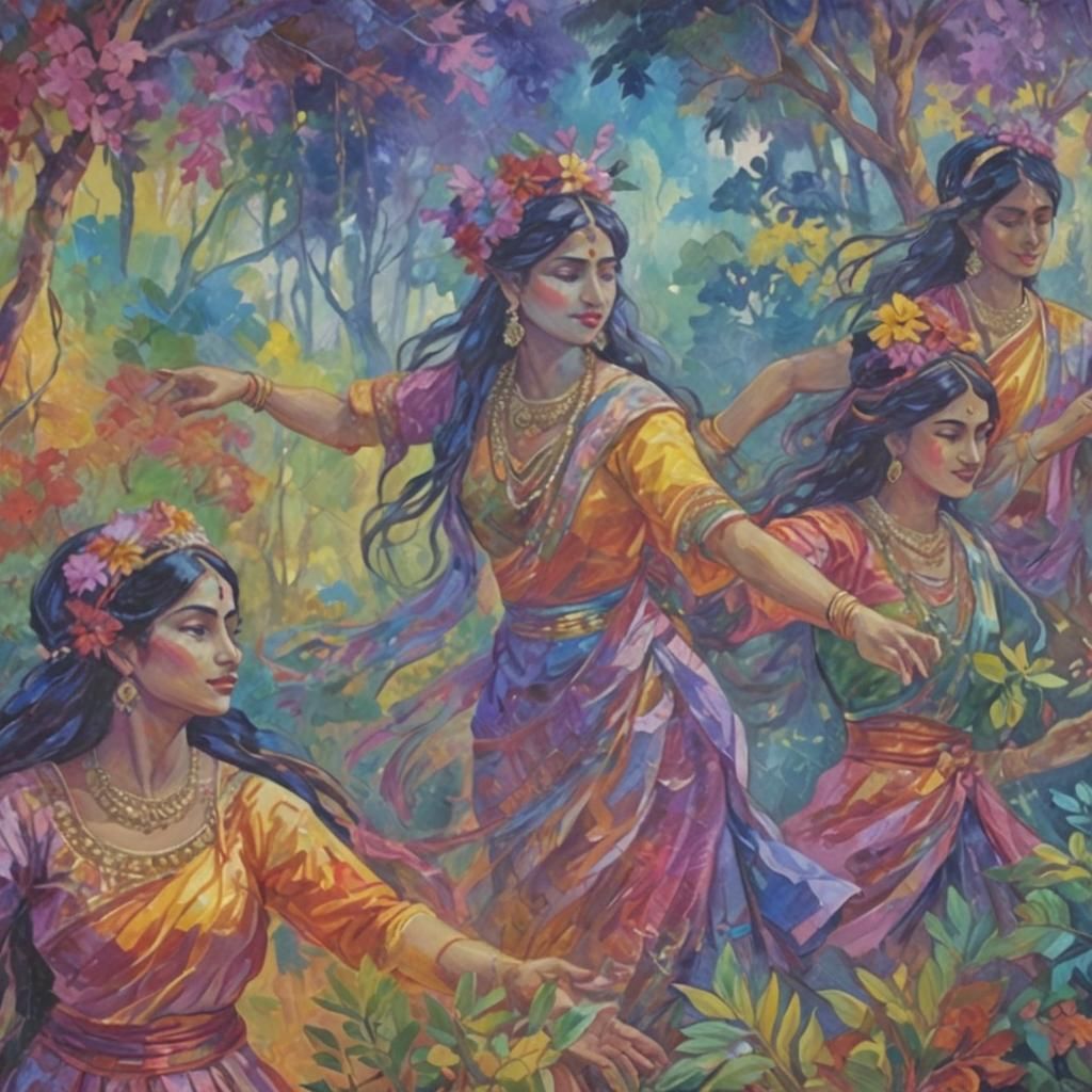 Indian Women Dancing in Forest, Fauvist Oil Painting