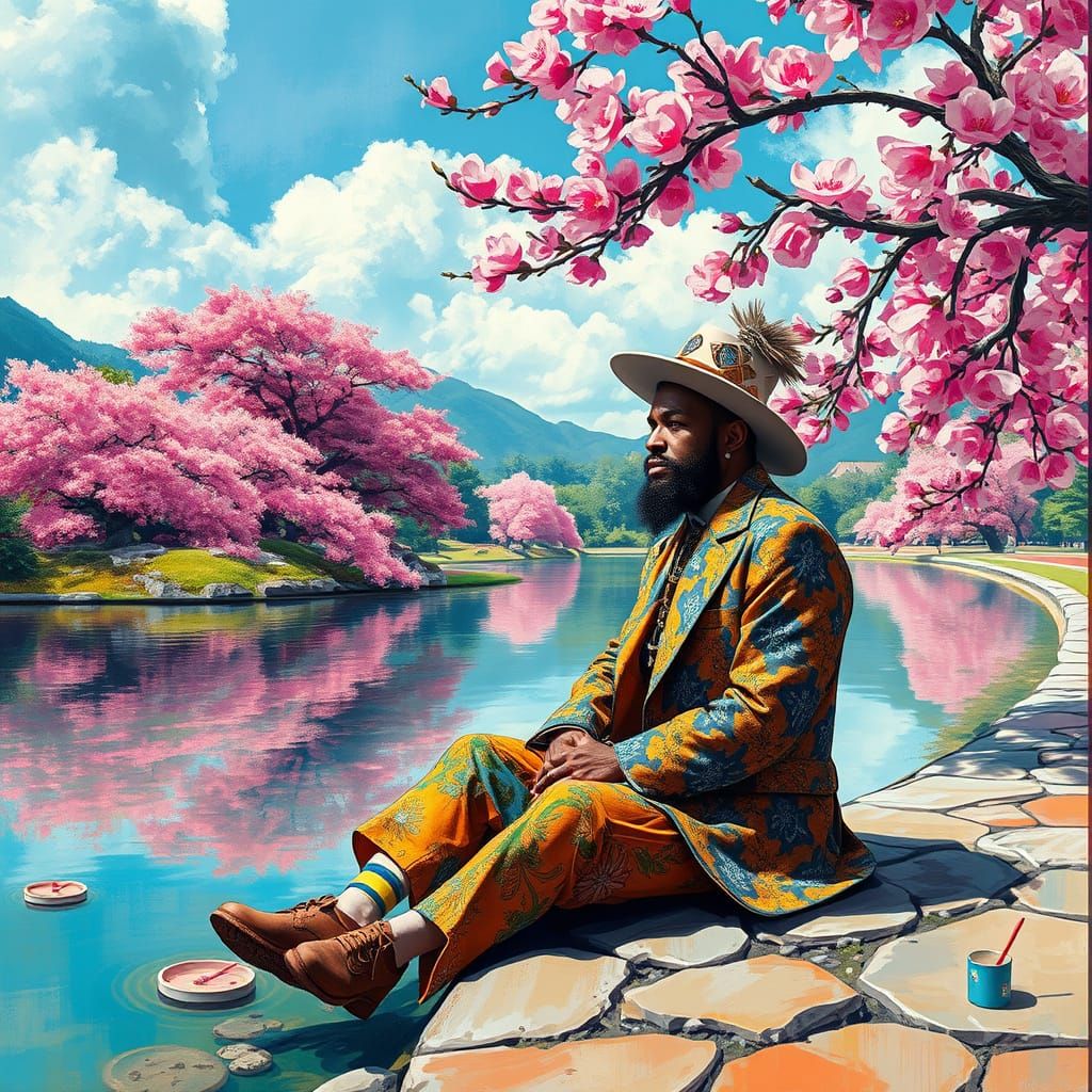Majestic Man in Vibrant Cherry Blossom Wonderland