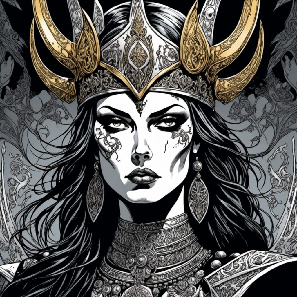 Viking Goddess in Black and White Comic Style