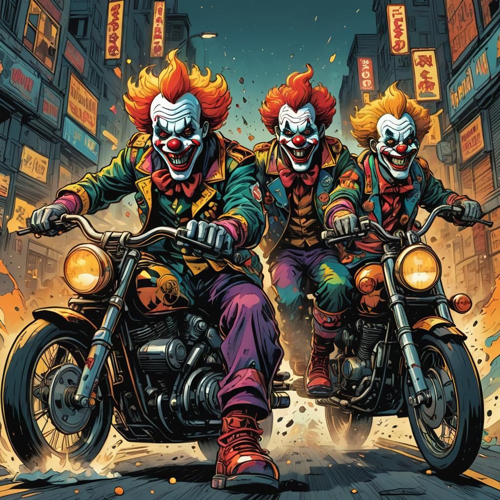 Clowns Ride Motorcycle to Rob Bank: Comic Book Art