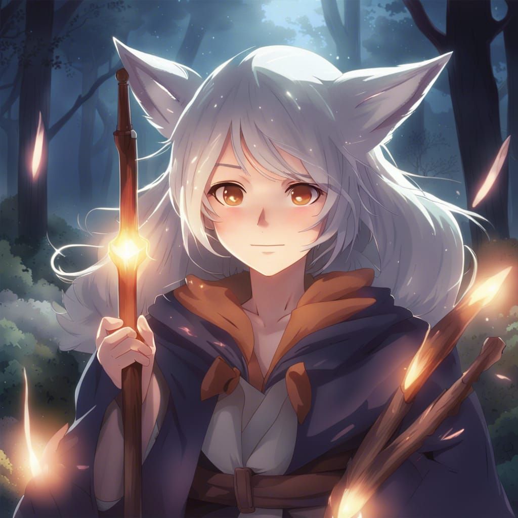 Fantasy Fox Witch with Glowing Wand, Anime Style