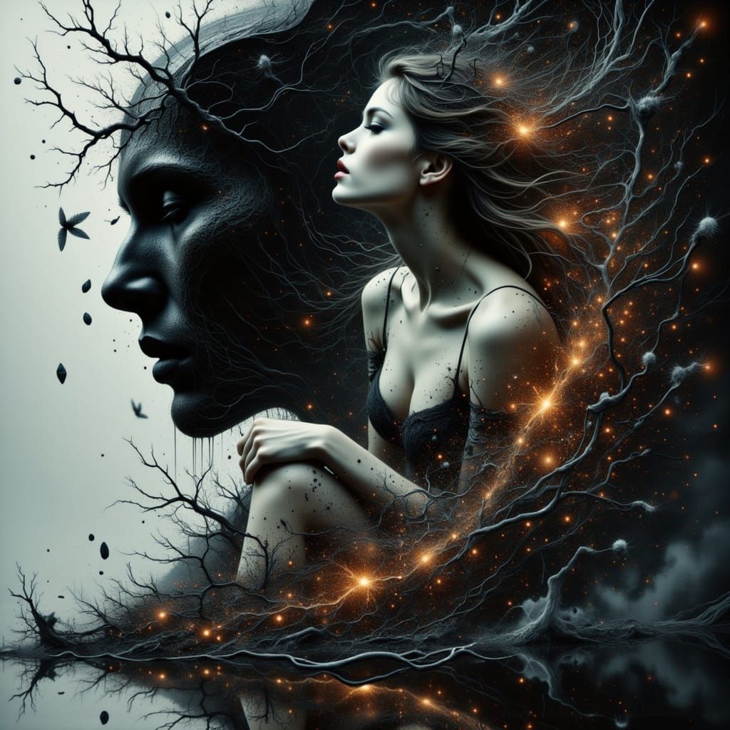 Cracked Beauty: A Shattered Portrait in Double Exposure