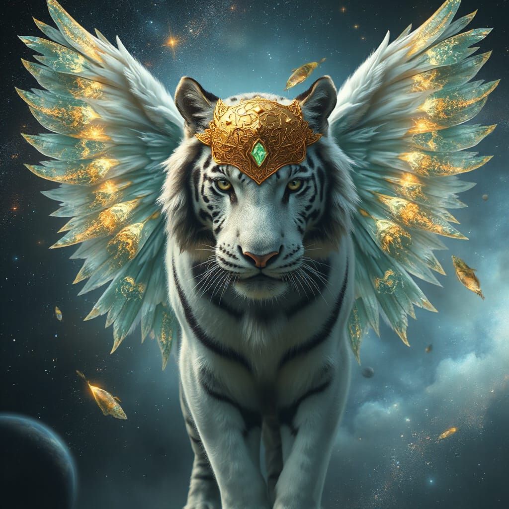 Celestial Tiger with Golden Mask and Cosmic Wings