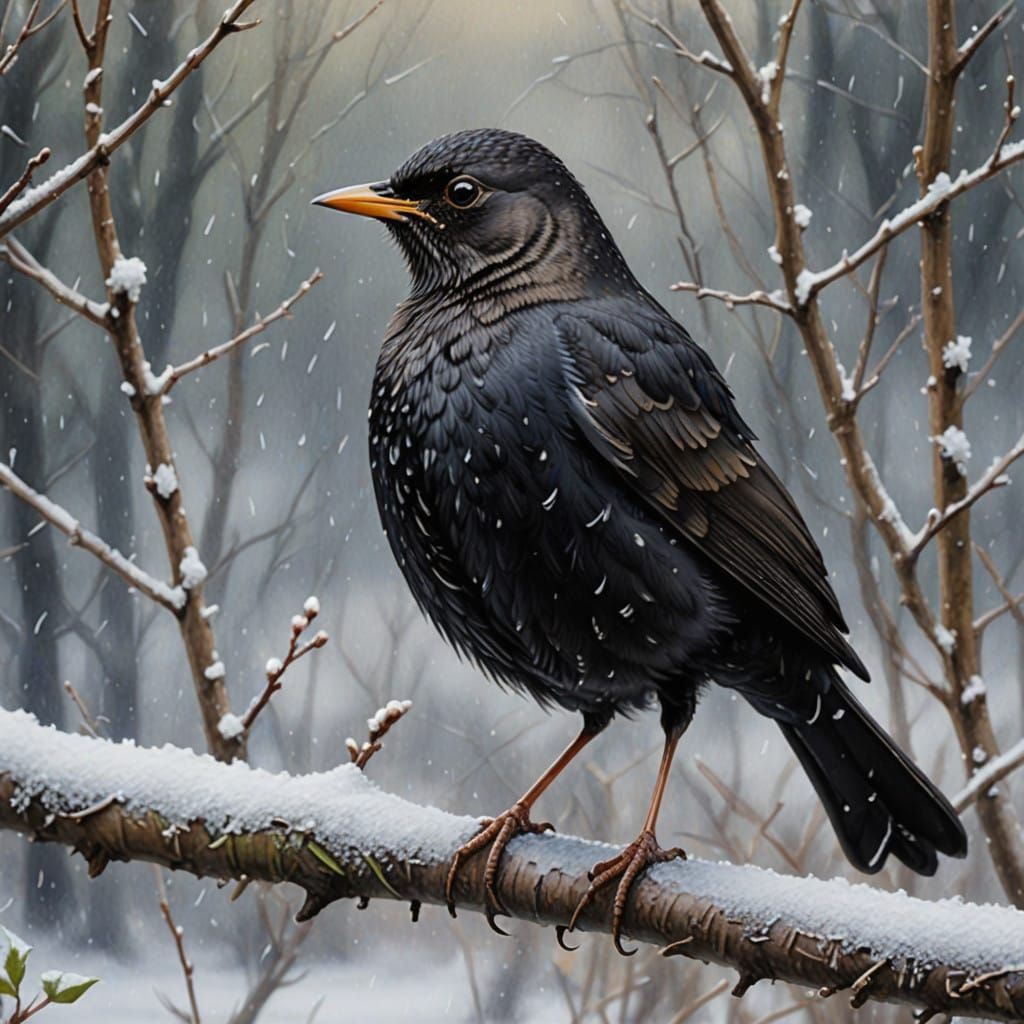 Lonely Blackbird in Winter Landscape