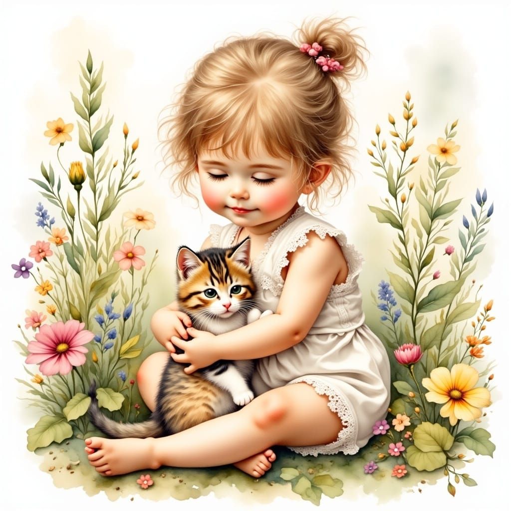 Toddler and Kitten in Watercolor Painting