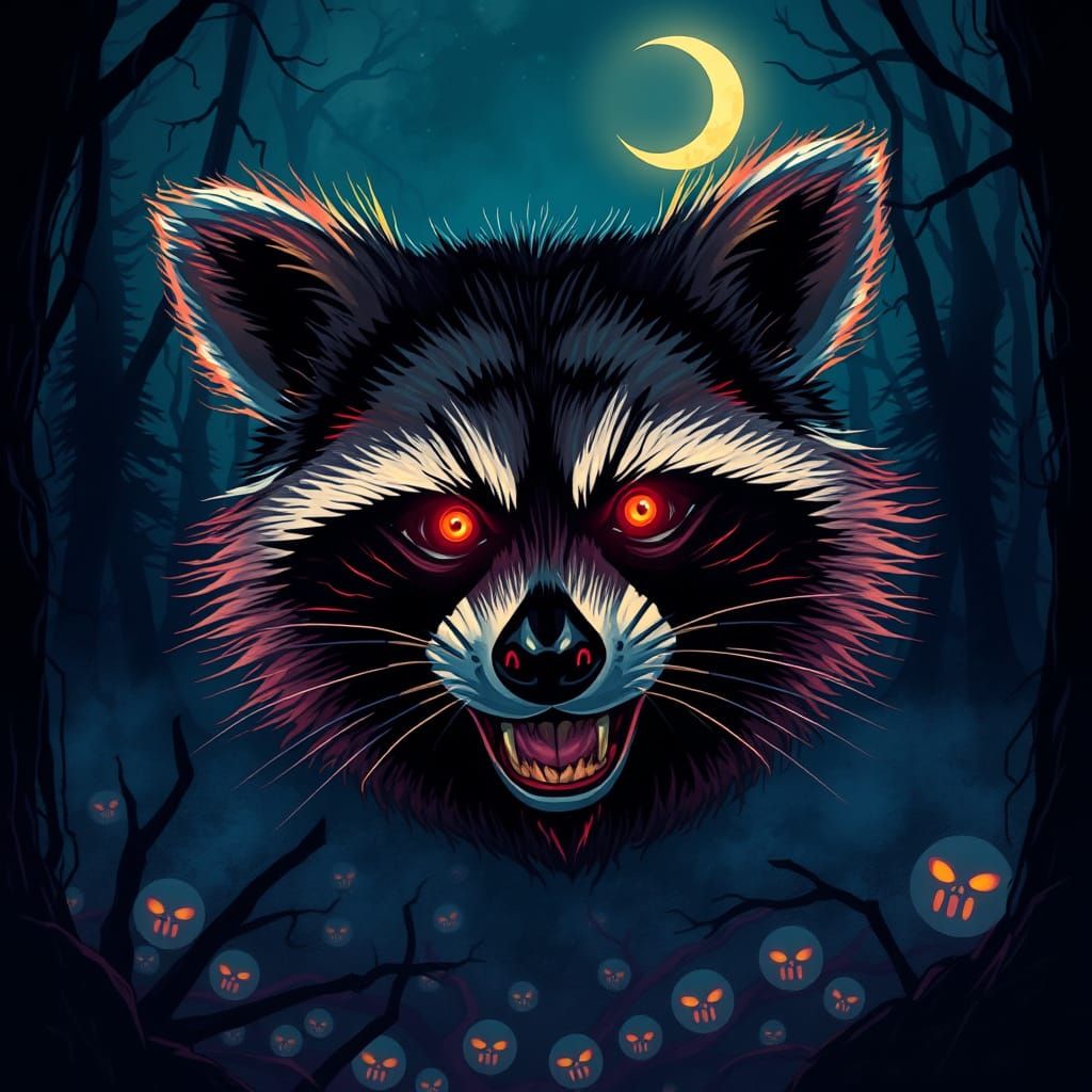 Raccoon Faces Sinister Yo-Kai in Shadowy Forest