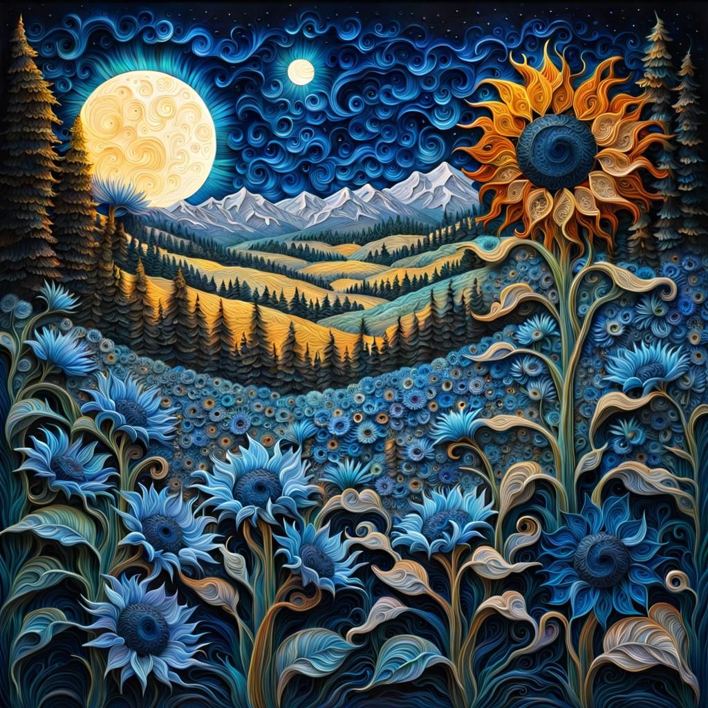 Graceful Quilled Blue Sunflower Field Under Moonlight