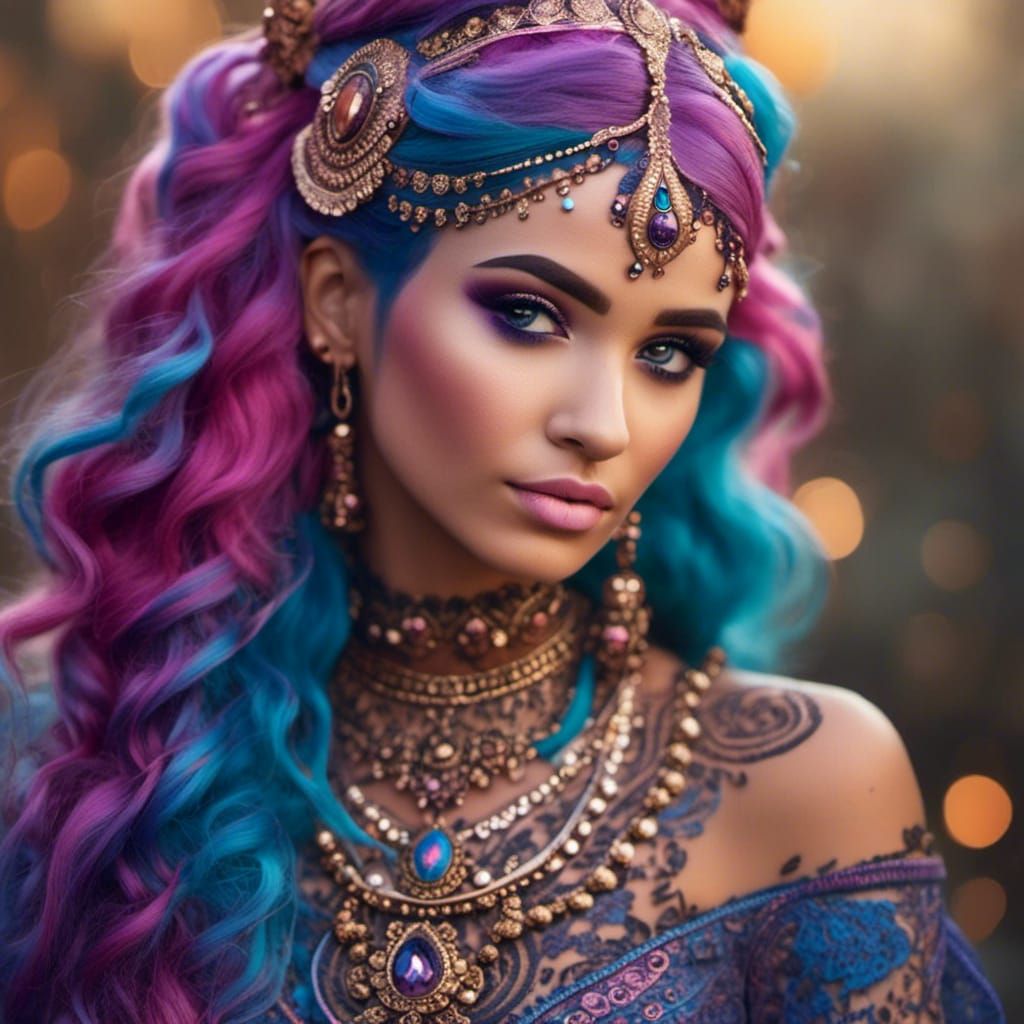 Colorful Haired Woman with Henna Tattoos