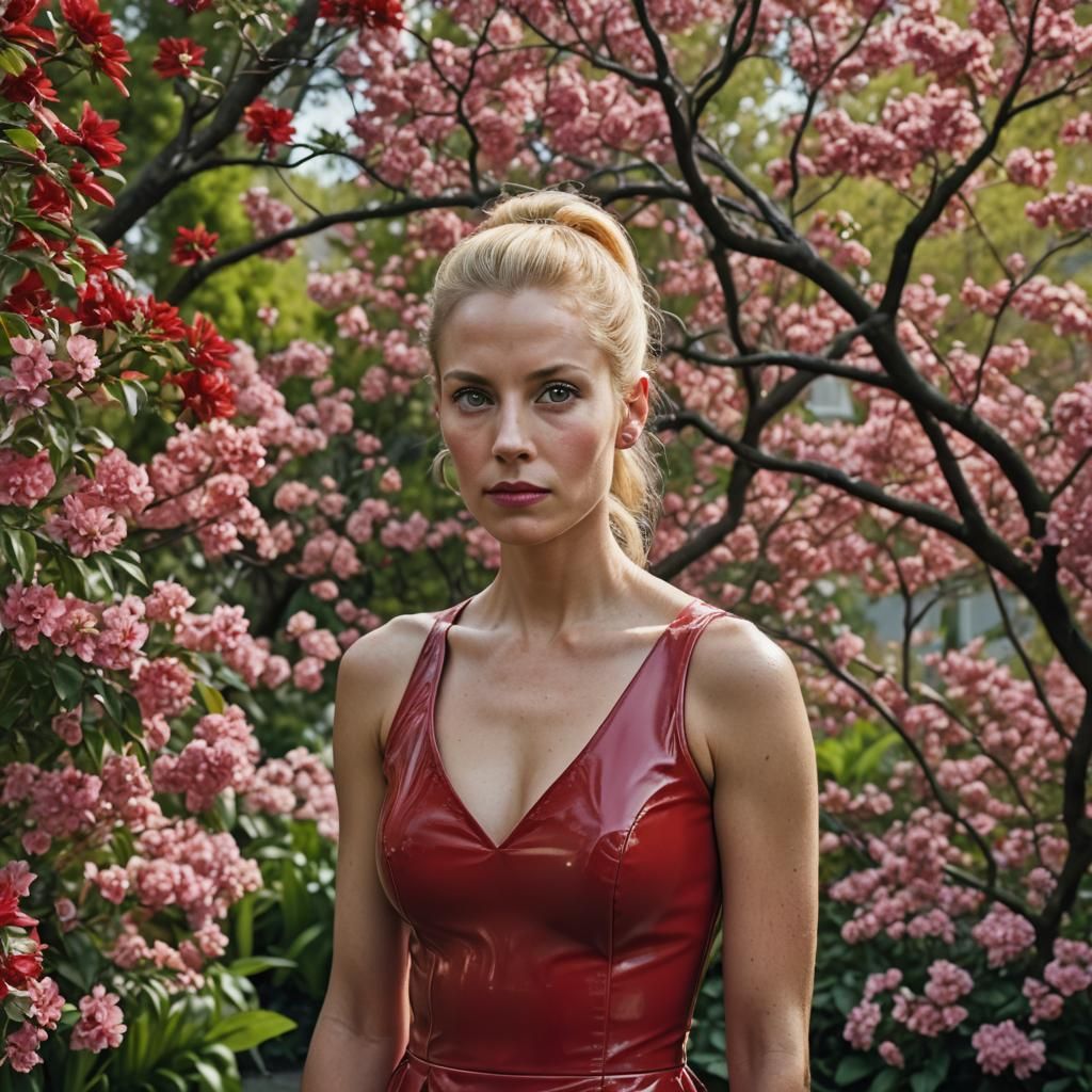 Woman in Red Latex Dress, Color Portrait Photography