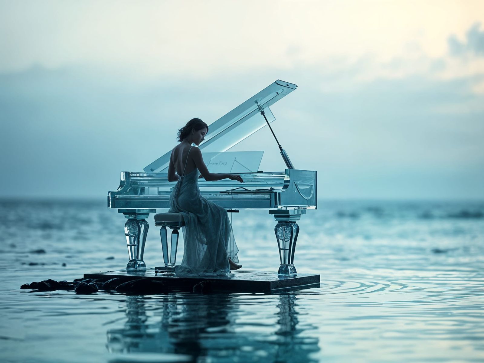 Ethereal Woman Plays Water Piano on Island