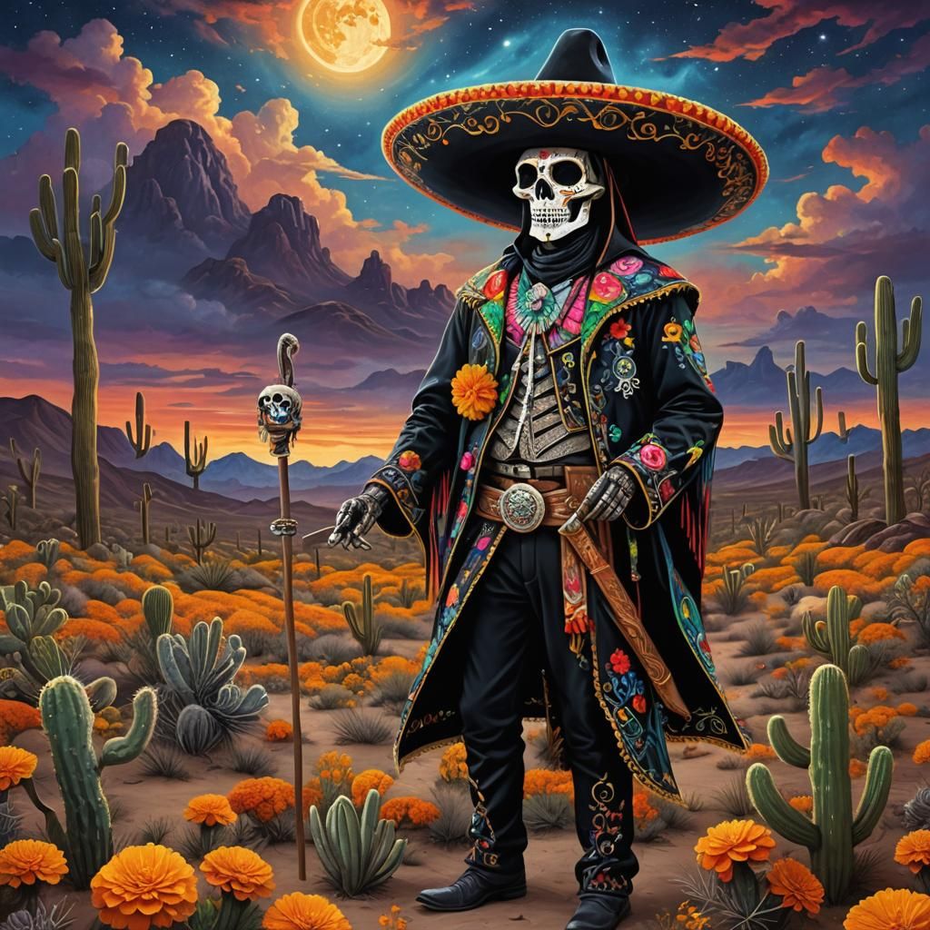 Mexican Folk Art Reaper in Desert Landscape