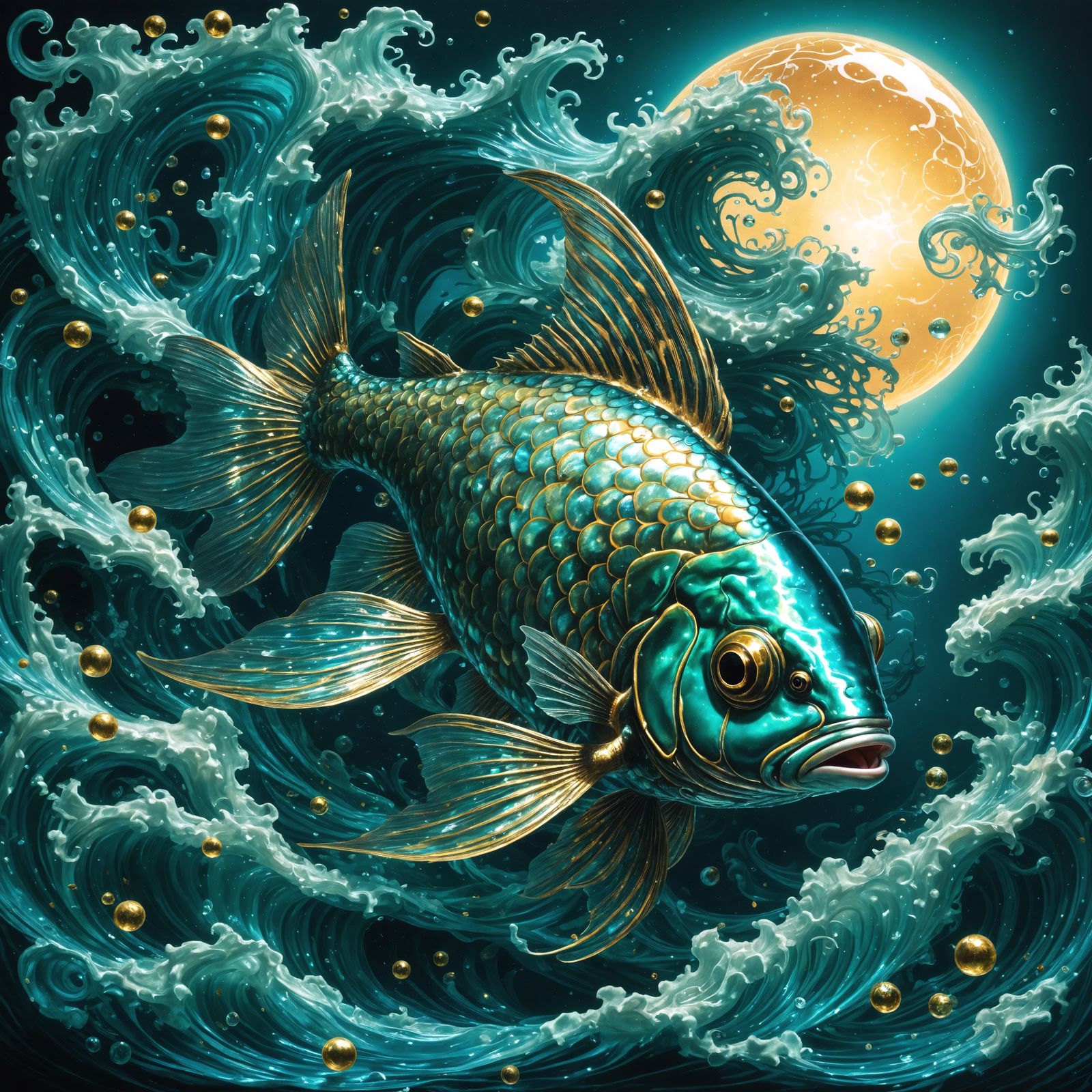 Opalescent Fish Swimming Underwater Rococo Style