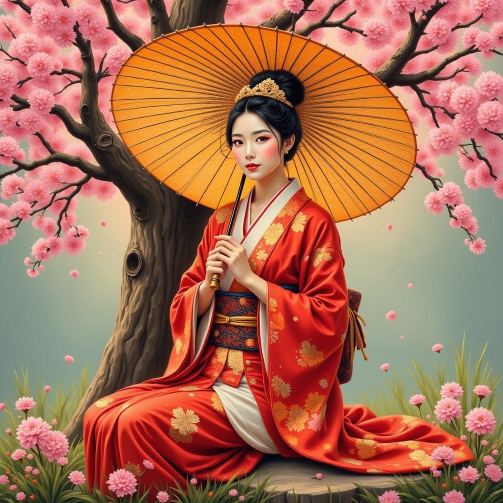 Geisha in Red Kimono Under Cherry Blossoms, Detailed Art